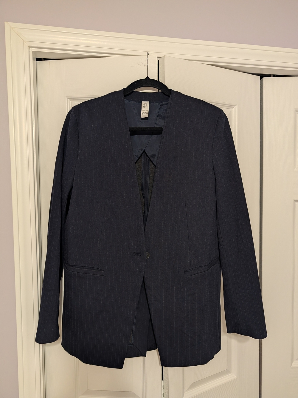 SPANX Women's Navy Pinstripe Blazer - Single-Button Open Front